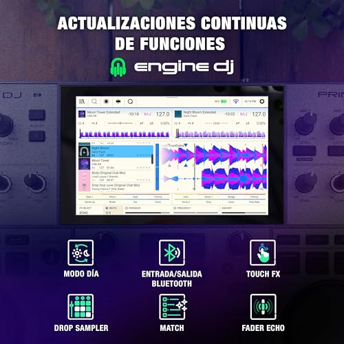 Denon DJ PRIME GO+ Controlador DJ portátil y mezclador con separación de stems, 2 decks, streaming por wifi, Bluetooth, control de luces y pantalla 7"