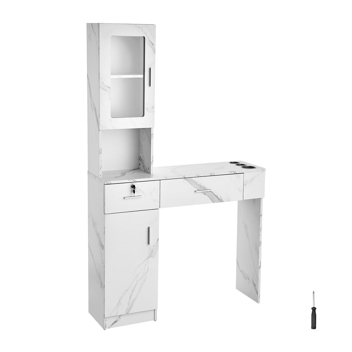 VEVOR Estación Blanca de Salón de Montaje en Pared para Estilista Juego de Muebles de SPA de Belleza 1 Gabinete de Almacenamiento 3 Cubículos y 2 Cajones 1 con Cerradura, para Salón, SPA, Peluquería