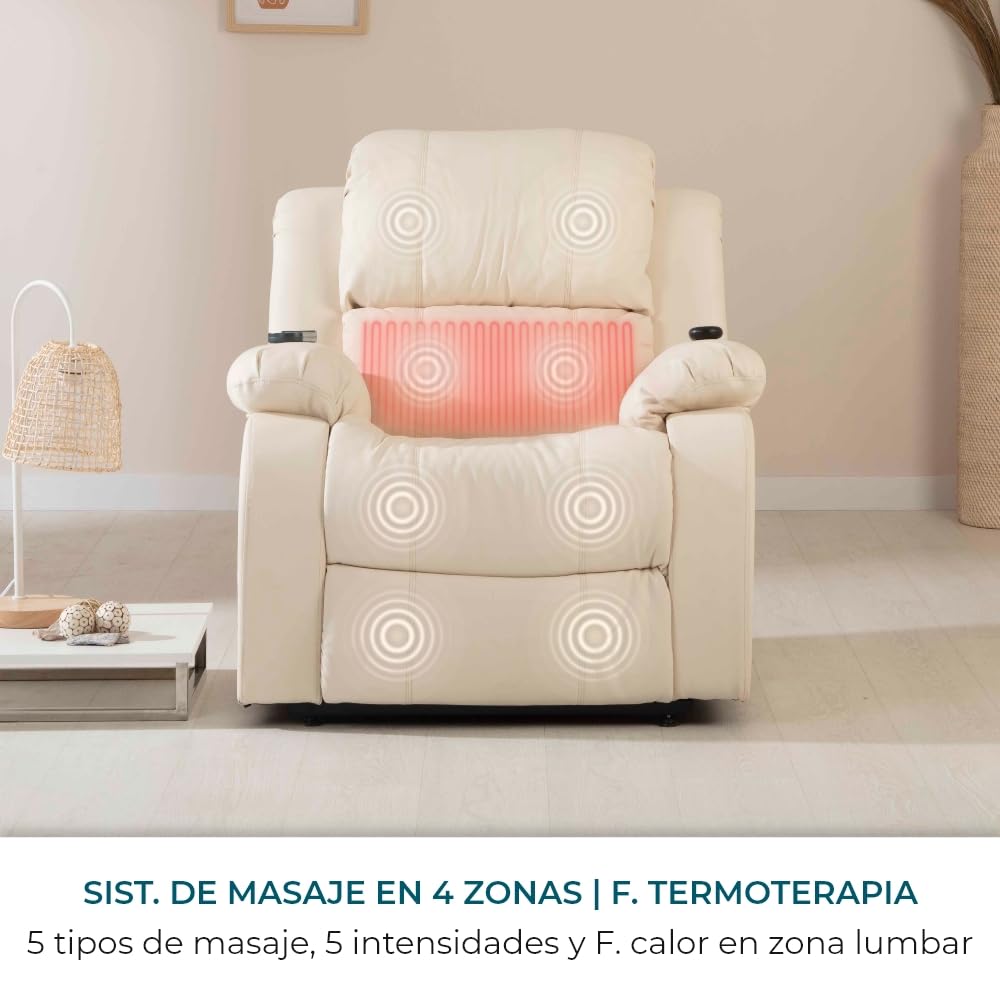 ZZ DON DESCANSO - Sillón Relax Eléctrico Levanta Personas Trevi Crema, Reclinación 160º, 10 Programas, Temporizador, Calor Lumbar, Sist. Masaje 4 Zonas, Acabado PU, Incluye Mando
