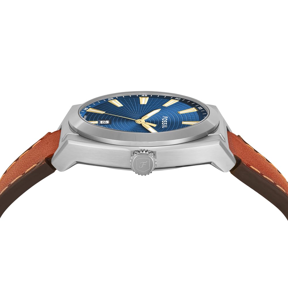 Fossil Reloj Everett para Hombre, Movimiento de Cuarzo con Fecha a Tres Agujas y Correa de Piel o Acero, Marrón y Azul