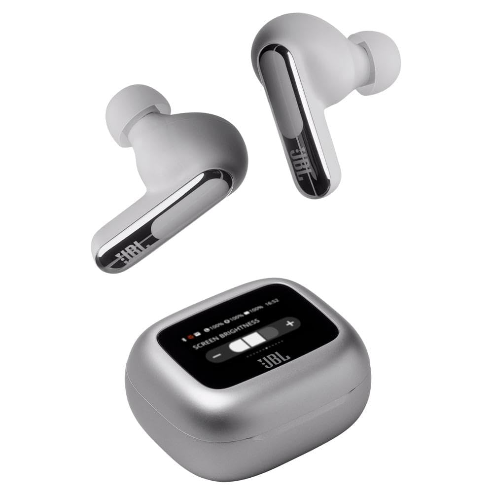 JBL Live Beam 3 Auriculares inalambricos de botón con almohadillas,True Wireless con cancelación de ruido adaptable, hasta 48 horas de reproducción, Bluetooth, audio de alta resolución, plateado