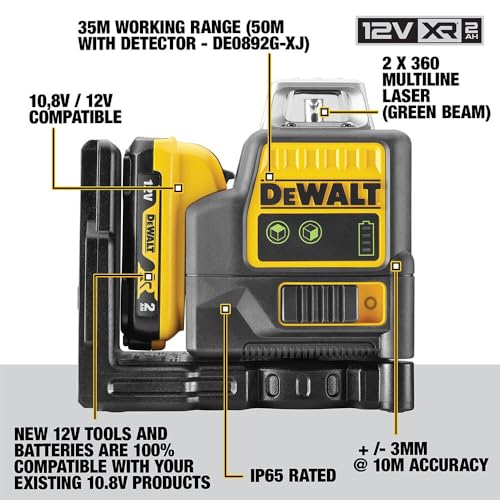 DEWALT DCE0811D1G-QW - Nivel Láser Autonivelante Verde, 2 Líneas 360°, Batería Li-Ion 2Ah XR 12V, Resistente IP65, Test de Caída 2m, Proyección Horizontal y Vertical, Incluye Pack de Batería 12V