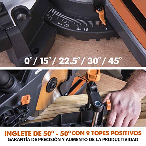 Evolution Power Tools - R210SMS-300+ Ingletadora deslizante multimaterial de 210 mm (230 V), con paquete plus, Corta acero dulce, aluminio, plástico, madera con clavos incrustados