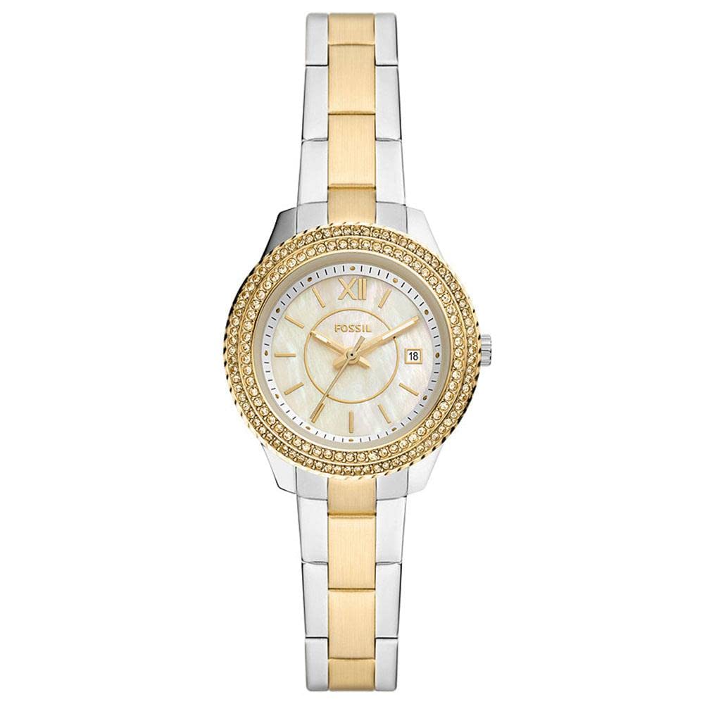 Fossil Stella Reloj para mujer, movimiento de cuarzo con correa de acero o piel, Tono plateado y dorado con purpurina, 30MM