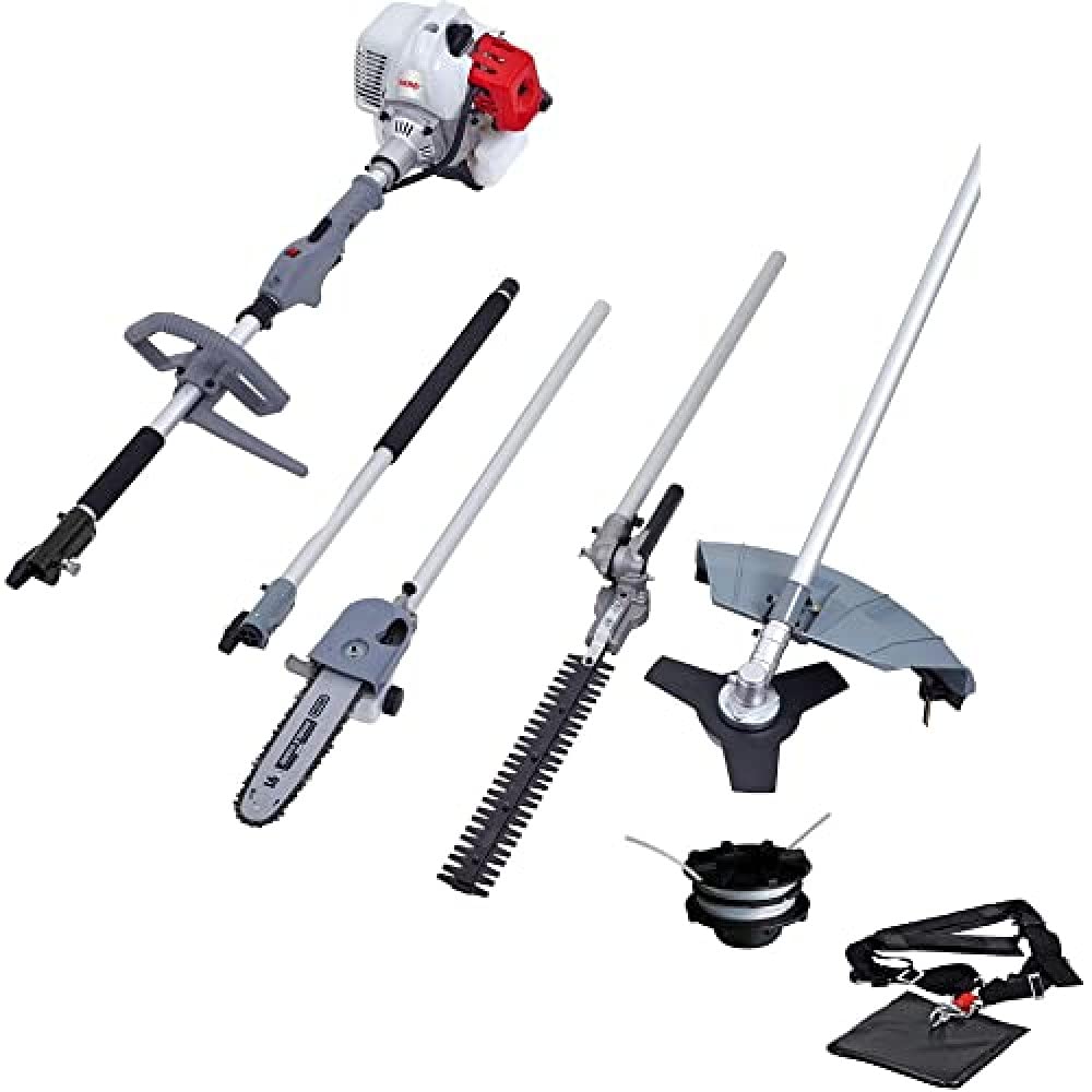 IKRA 73046710 Herramienta multifunción a Gasolina IBKH 33, 4en1: cortabordes, desbrozadora, Cortasetos telescópico y podadora de Altura, 900 W, Gris, Rojo y Negro