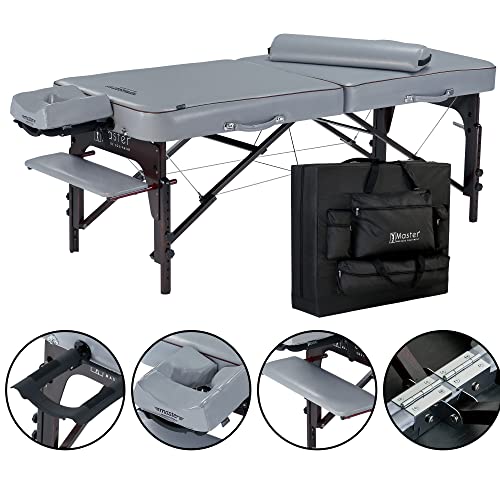 Master Massage Juego de Cama Plegable, Banco de Masaje, portátil, de Madera Maciza y Bolsa de Transporte, Color Gris Paloma con cojín Musical, Altavoz Bluetooth, 76 cm