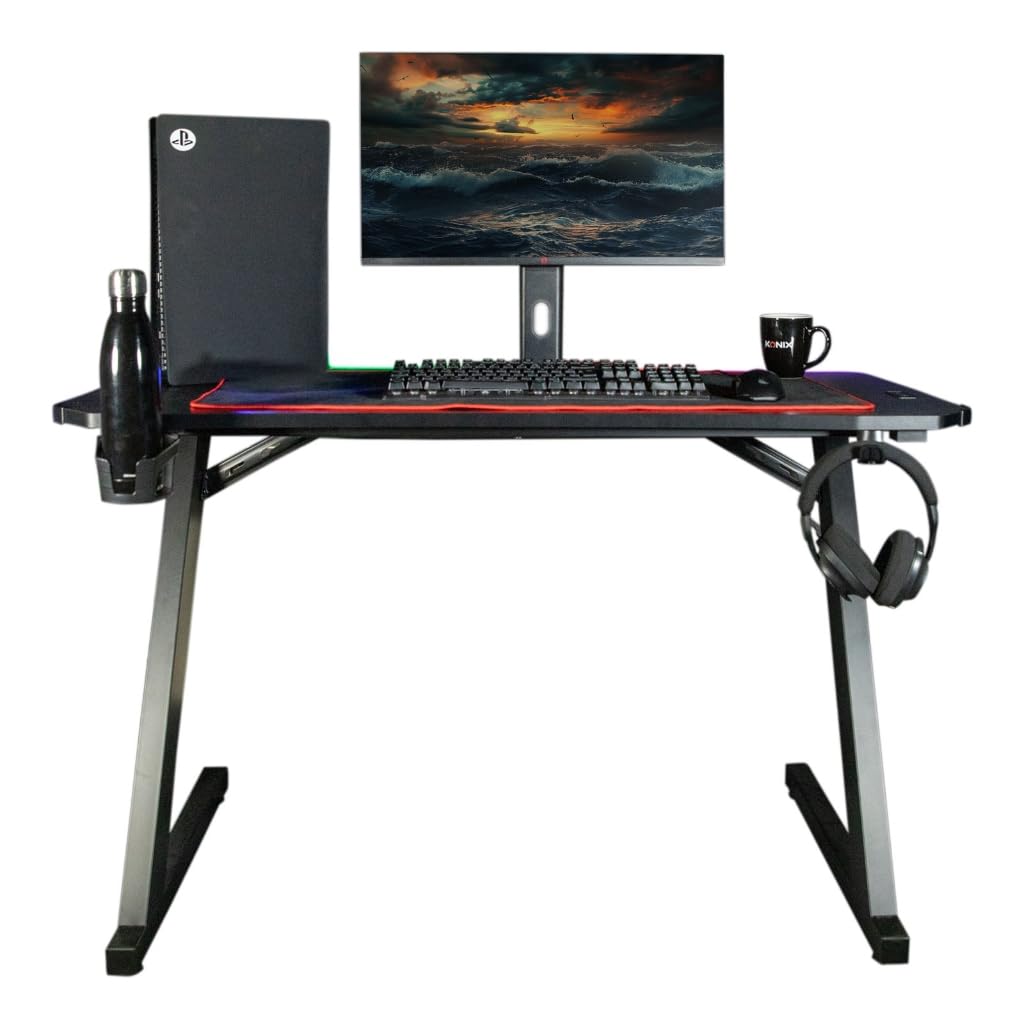 Konix Escritorio Gaming Spectra 120 x 60 x 75 cm en Forma de Z - 30 Modos luz LED - Estructura metál - Portavasos - Soporte para Auriculares - Negro