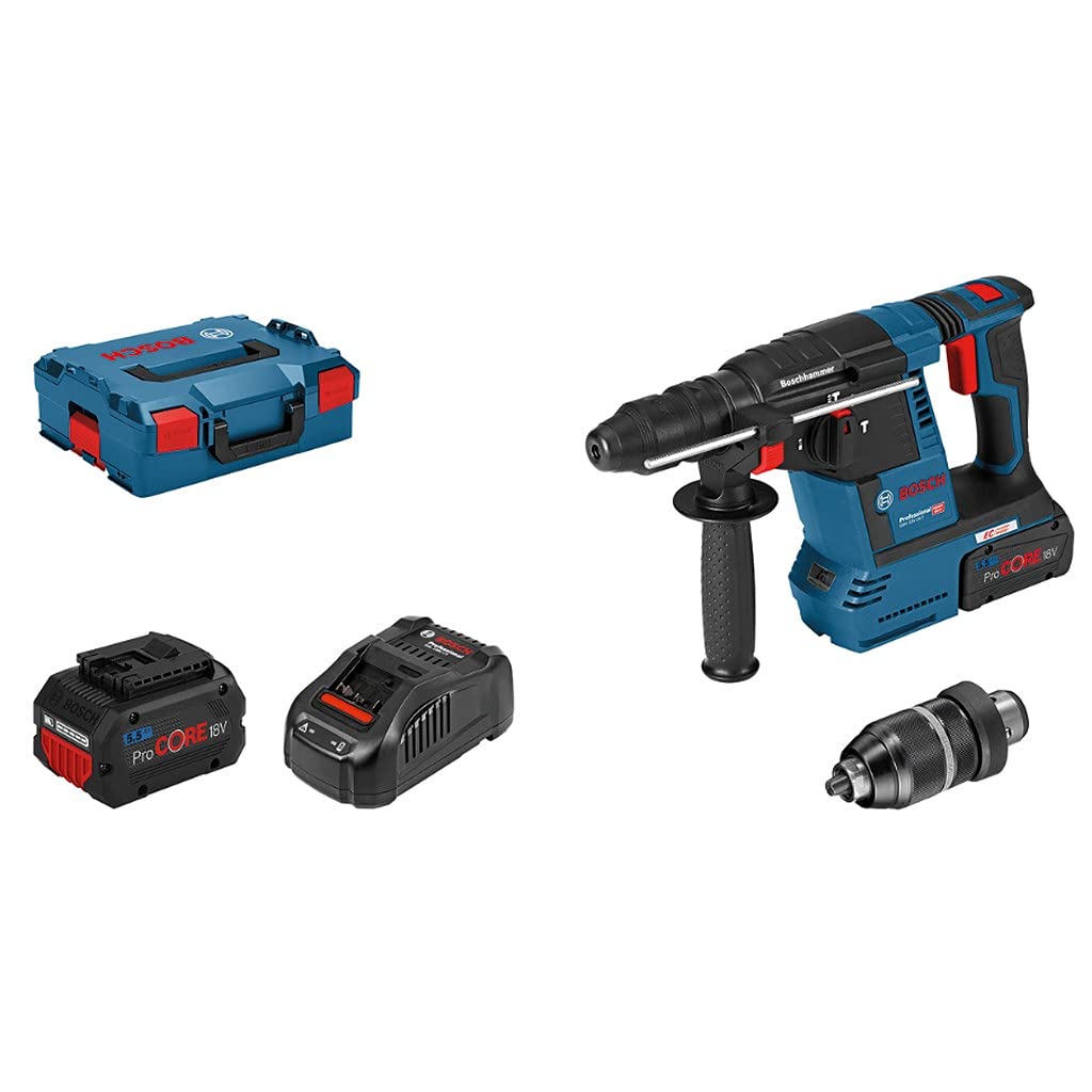 Bosch Professional GBH 18V-26 F - Martillo perforador combinado a batería (18V, 2,6 J, Ø máx. hormigón 26 mm, SDS plus, 2 baterías 5,5 Ah ProCORE18V, en L-BOXX 136), Negro, Rojo, Azul, en L-BOXX