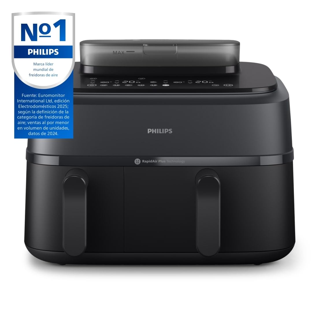 Philips Airfryer Serie 5000 Dual Basket con vapor - 9L, tecnología RapidAir Plus, 19 funciones en 1, 90% menos de grasa, Air Steam, 2 cestas, 2 tamaños, Cocina a vapor, Accesorios (NA550/00)