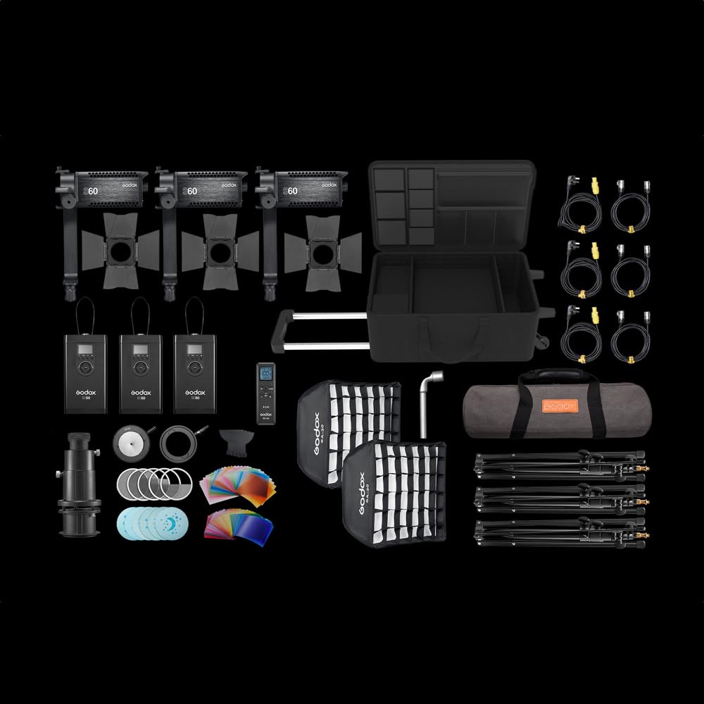 Godox S60Bi-D Kit de 3 Cabezales - 28000/6500K - 240V - Iluminación FX - Kit de Flash de Estudio para Profesionales - con Efectos de Color y Control de aplicación para un Uso Sencillo