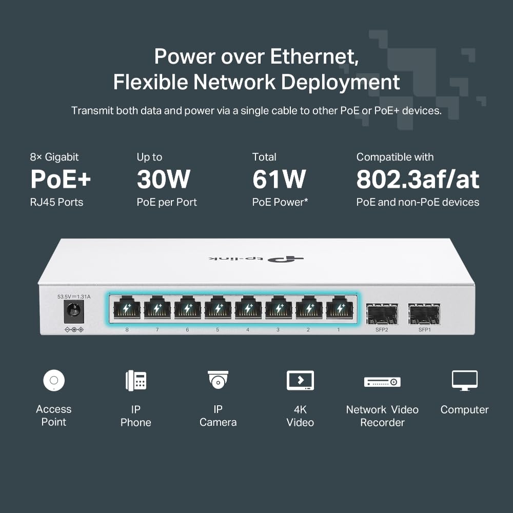 TP-Link Festa FS310GP, 10 Puertos con 8 Puertos PoE+, gestión Gratuita en la Nube, enrutamiento estático, VLAN, ACL e IGMP Snooping, Total 61 W PoE, Salida PoE de 30 W por Puerto, Interruptor PoE
