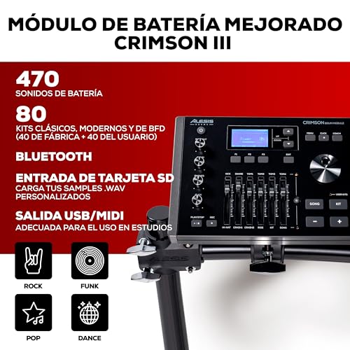 Alesis Crimson III - Set de Batería Eléctrica, Bluetooth, MIDI, Parches de Malla Doble Zona, Ride Triple Zona, Platillos con Choke, Lecciones de Drumeo y BFD, Admite Doble Bombo, Rojo