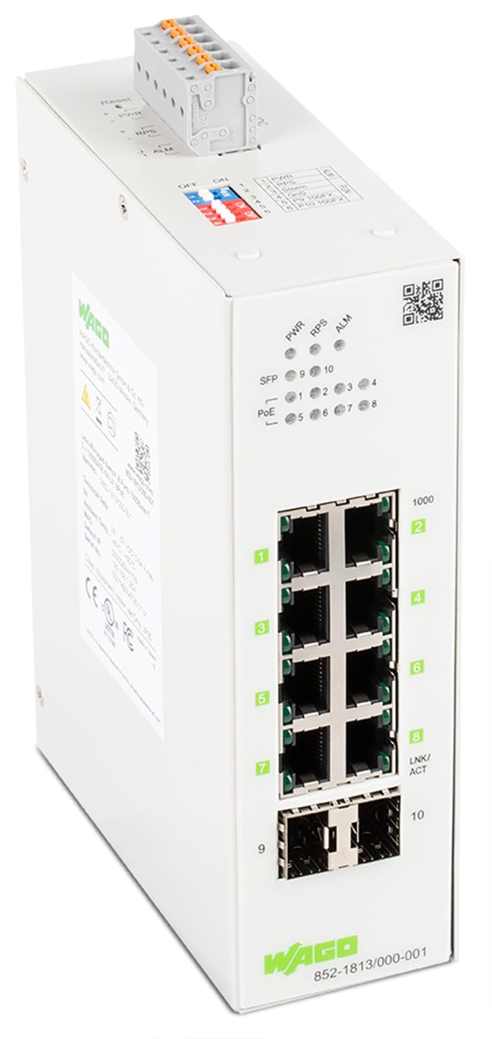 WAGO Switch Industrial 852-1813 | con 8 Puertos ETHERNET 10/100/1000 Mbit/s autónomos y diagnósticos LED Delanteros | 2 x Ranuras SFP para Fibra óptica | admite alimentación a través de Ethernet