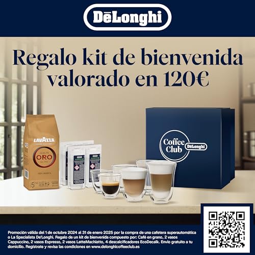 De'Longhi Rivelia EXAM440.55.W, Cafetera Superautomática con LatteCrema Hot, Espumador de Leche Automático, Tamaño Compacto, 16 Recetas, Pantalla Táctil a Color, Blanco Ártico