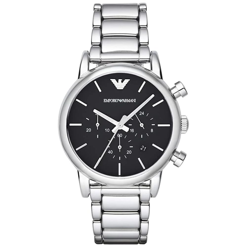 Emporio Armani Reloj Hombre, Movimiento cronógrafo de cuarzo, caja de acero inoxidable plateado de 41 mm con correa de acero inoxidable, AR1853, Tono plateado y negro