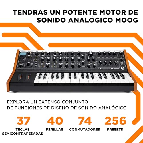 MOOG Subsequent 37 - Sintetizador analógico parafónico y teclado MIDI con 37 teclas semicontrapesadas, ampli de auriculares, 256 presets y editor de software