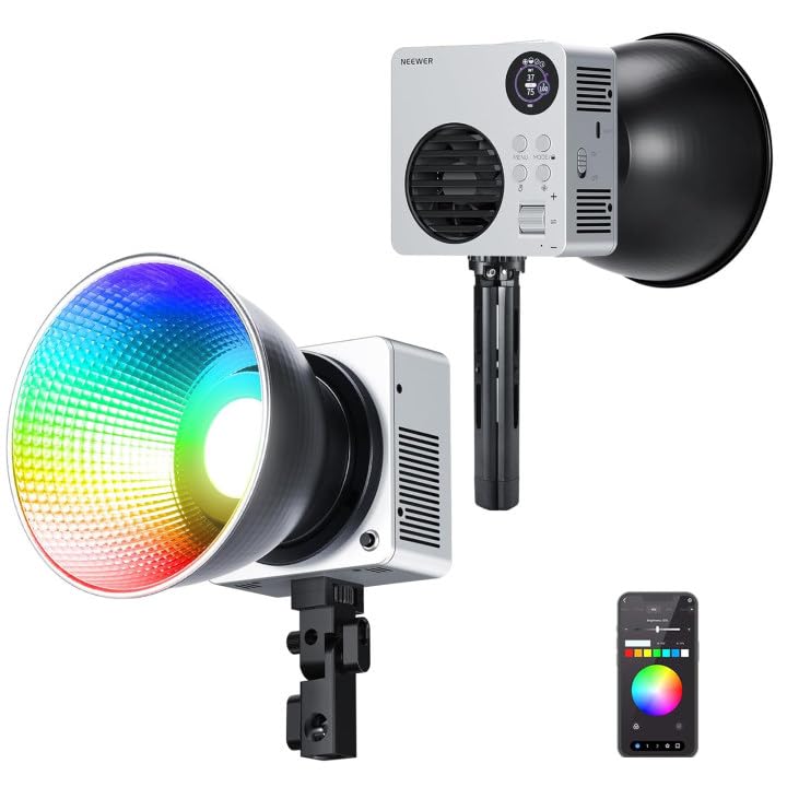 NEEWER HB80C RGBWW Luz Vídeo LED con Batería Incorporada 72Wh y PD 100W Carga Rápida, 80W Mini RGB COB Iluminación Salida Continua Foco Portátil con Montaje Bowens 2500K-7500K, 10400lux/m, 18 Efectos