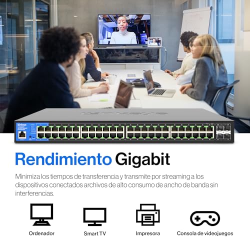 Linksys LGS352MPC-EU switch PoE+ de red Gigabit de 48 puertos a 740 W con 4 ranuras SFP+ 10G de subida, conmutador Ethernet administrado inteligente con carcasa metálica y montaje de sobremesa/pared