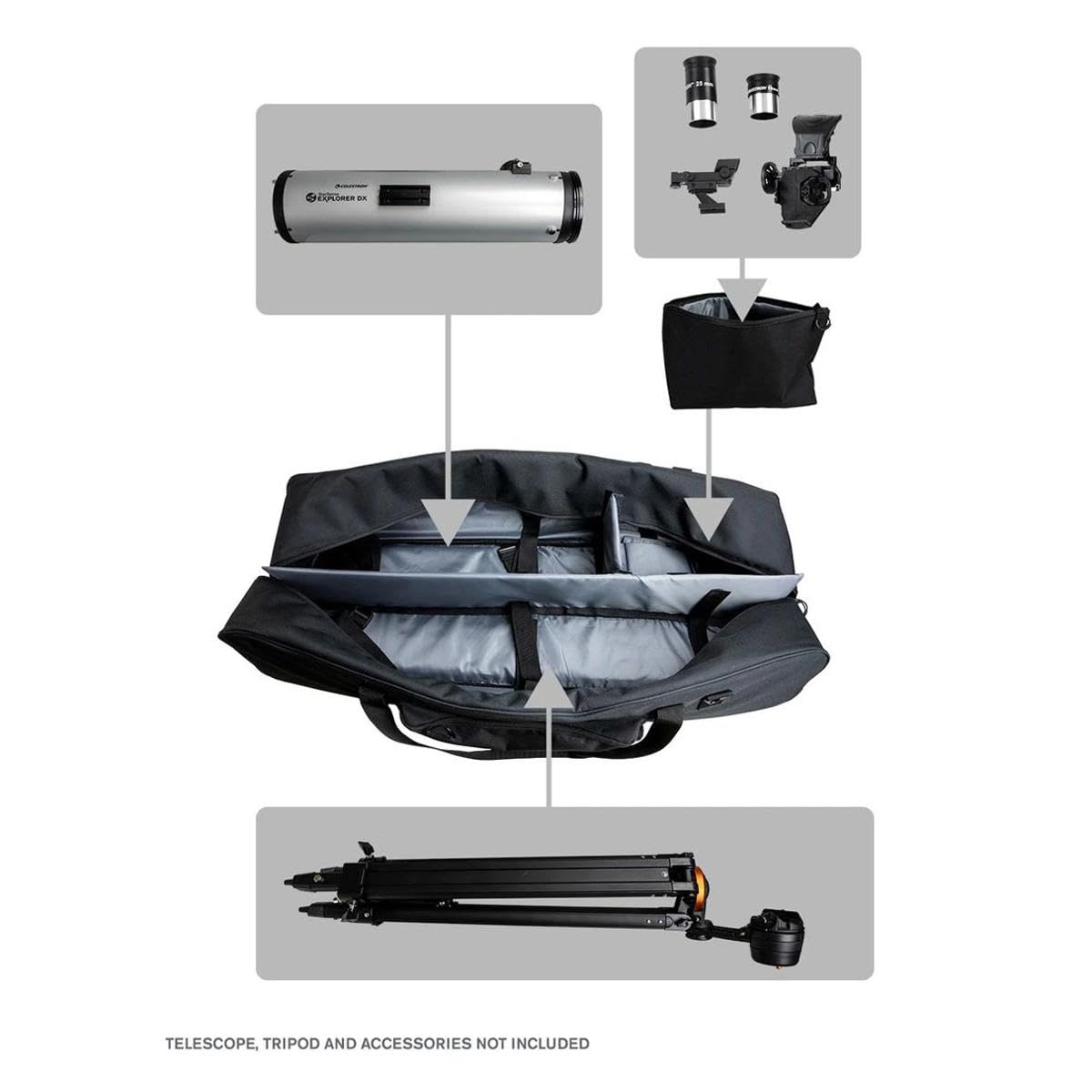 Celestron 94025 Bolsa para kit completo telescopio 40” – Estuche para transporte de telescopio, montura, trípode y accesorios, compartimentos interiores acolchados ajustables y bolsa accesorios, negro