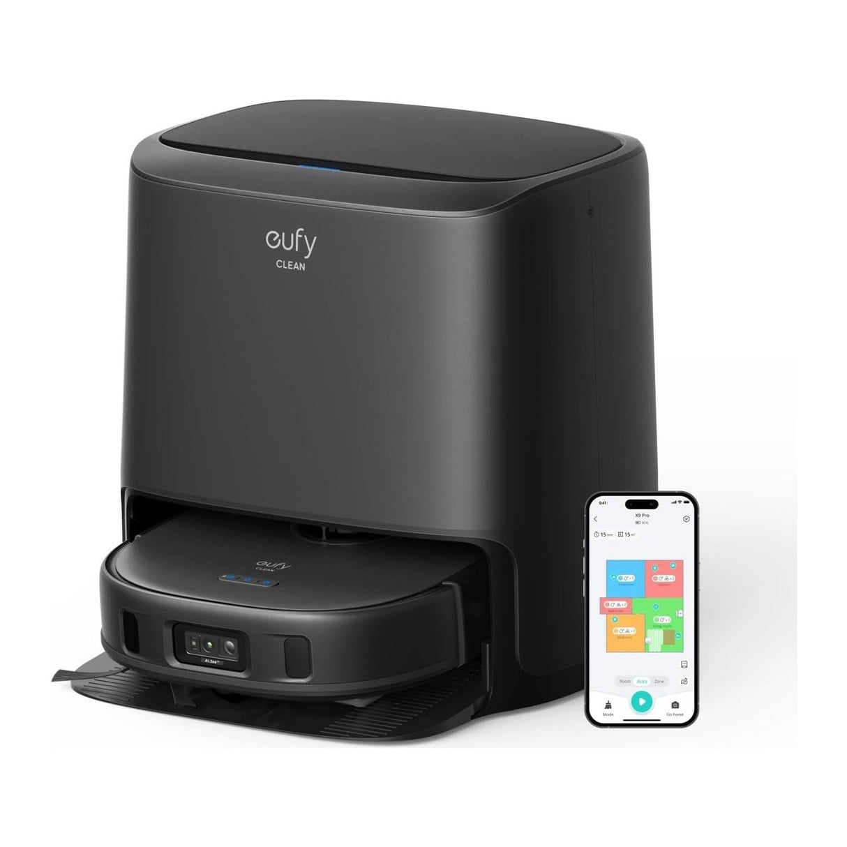 eufy Clean X9 Pro CleanerBot con Limpieza a presión MopMaster™, 2 mopas giratorias, detección de alfombras con elevación de 12 mm, Limpieza automática, 5500 Pa y evasión de obstáculos por IA
