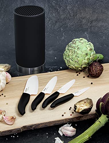 KYOCERA Juego de cuchillos de cerámica con cuchillo de pelar GEN, cuchillo multiusos, cuchillo universal y cuchillo Santoku y bloque de cuchillos redondo para 8 cuchillos, KB-RD BK 4KN FK EU