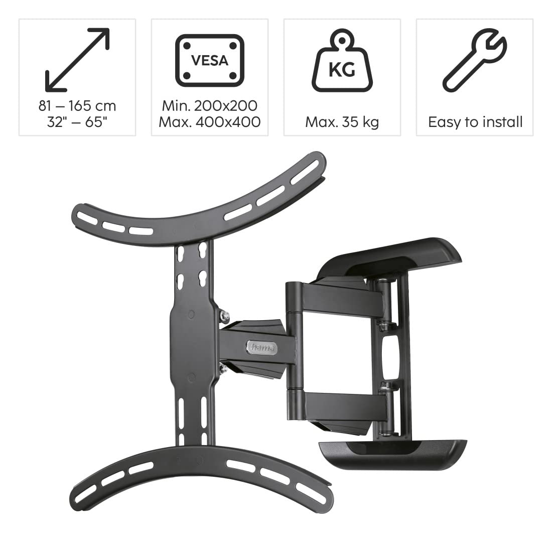Hama | Soporte para TV de hasta 65" (Soporte de Pared TV estándar VESA 400 x 400, Pantallas de 32" a 65", Organizador de Cable, Carga Máx. 35 Kg, 3 Articulaciones, Inclinación 2/12º, Giro 180º