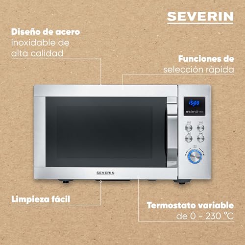 SEVERIN Microondas con grill y convección, función de freidora de aire, 4 en 1 para descongelar, cocinar y calentar, 25 L, acero inoxidable cepillado/plateado, MW 7982