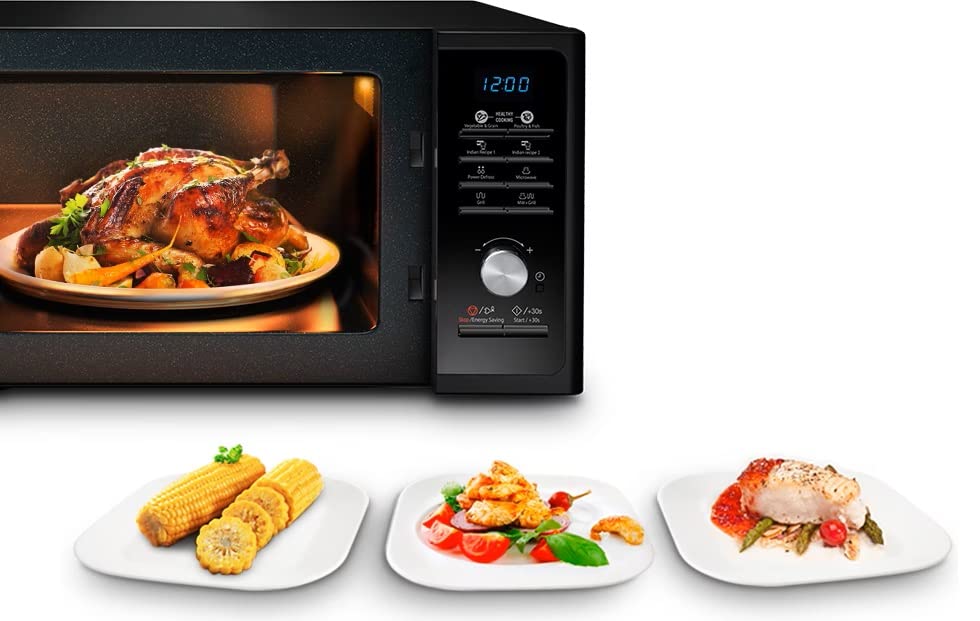 Samsung Healthy Cooking MG2AF301TCK/ET, plato dorador, QuickDefrost, microondas + Grill 800 W + 1100 W, 23 L, 49 x 27,5 x 39 cm, negro