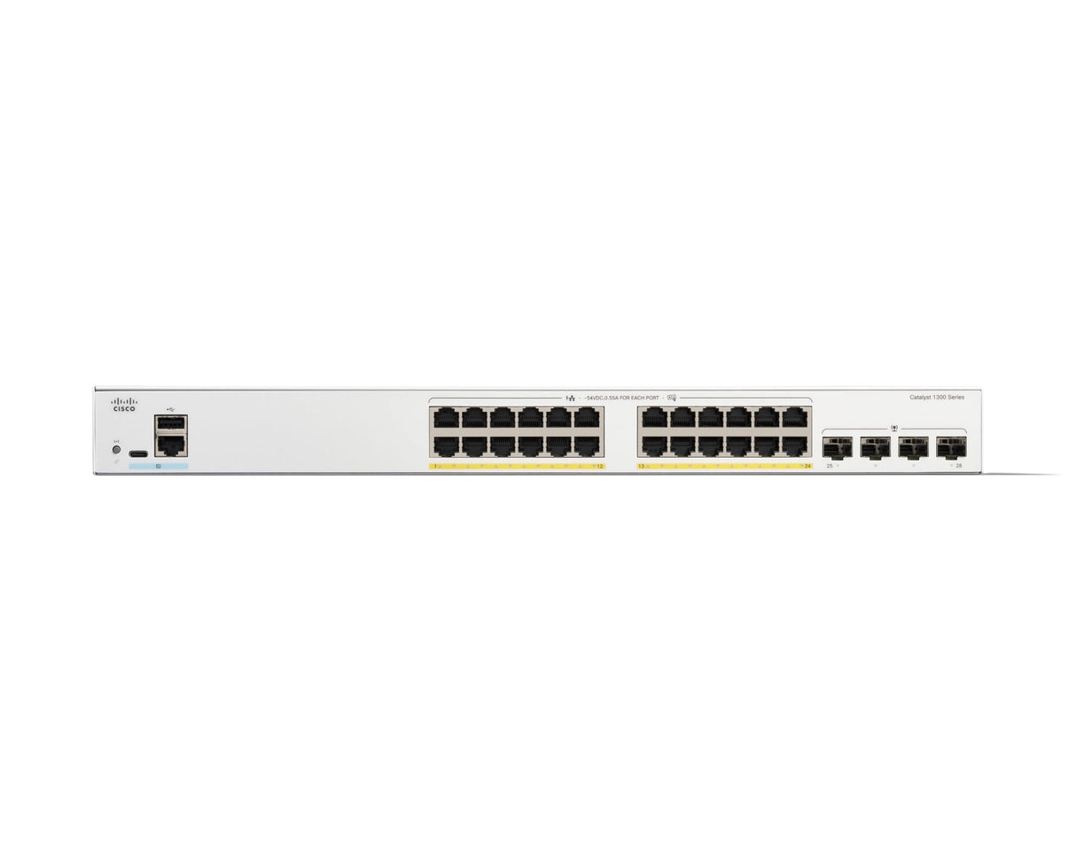 Cisco Switch gestionado Cisco Catalyst 1300-24T-4G, GE de 24 Puertos, PoE, SFP GE 4x1, protección Limitada de por Vida (C1300-24P-4G)