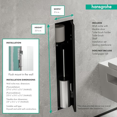 hansgrohe XtraStoris Rock, escobillero baño empotrado con repisa y puerta alicatable, nicho de pared baño, escobilla wc empotrada, escobilla baño empotrada, accesorios baño, negro mate, 56060670