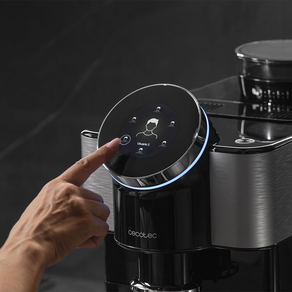 Cecotec Cafetera superautomática Táctil Cremmaet Spin. 1450W, 19 Bares, Pantalla TFT, Sistema Thermoblock, Limpieza Automática, Depósito de 290g de Café en Grano, 1,5L de Agua y 600ml de Leche