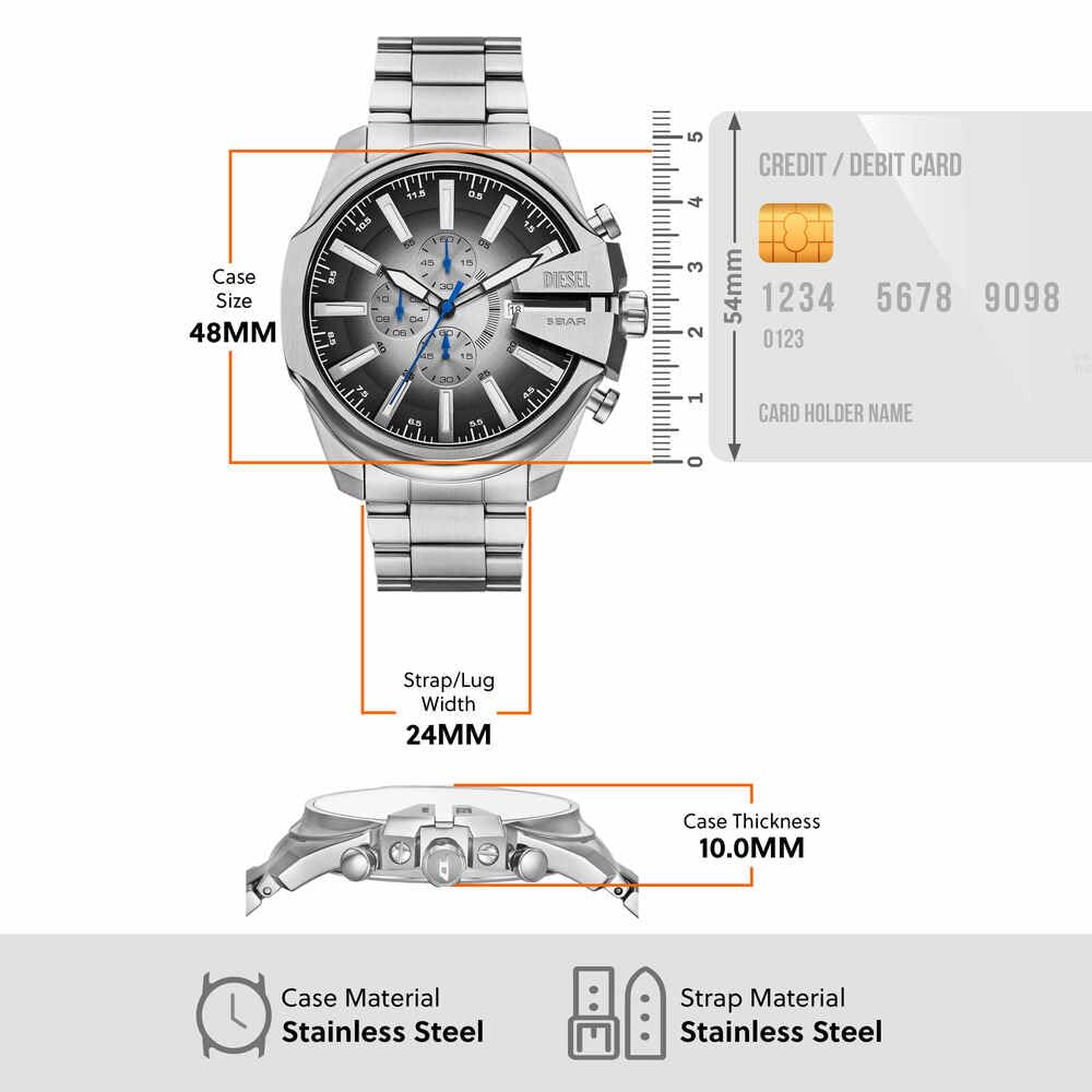 Diesel Reloj Mega Chief Slim para Hombre, Movimiento cronógrafo con Correa de Acero Inoxidable, Tono Plateado y Negro
