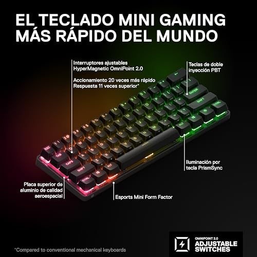 SteelSeries Apex Pro Mini Wireless Teclado gaming HyperMagnetic - El teclado más rápido del mundo - Factor de forma compacto 60 % - Teclas PBT - Bluetooth - 2,4 GHz - USB-C – Teclado inglesa (QWERTY)