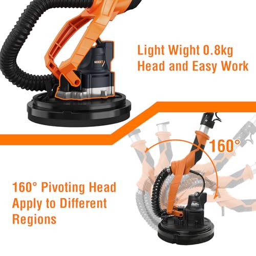 MAXXT Lijadora de pared 20V sin escobillas: Sistema de auto-aspiración, Control de velocidad continuo (600-1200 RPM), Disco de 225 mm, Plegable (extensible 110-165 cm), Para paredes y techos