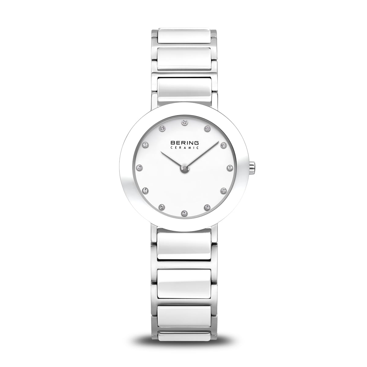 BERING 11429-754 Reloj de cuarzo para mujer con caja de acero inoxidable plateado de 29 mm, esfera blanca, brazalete de acero inoxidable con detalles de cerámica, resistencia al agua de 5 ATM