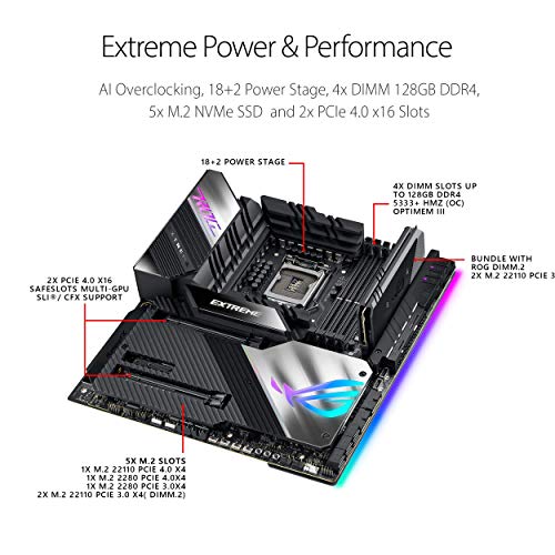 ASUS ROG MAXIMUS XIII EXTREME - Placa base (Intel Z590, LGA,1200 EATX con VRM de 20 fases, 5 M.2, 2 Thunderbolt 4, Marvell AQtion 10 GB Ethernet, Intel 2.5 GB Ethernet, PCIe 4.0, WiFi 6E y Aura Sync)