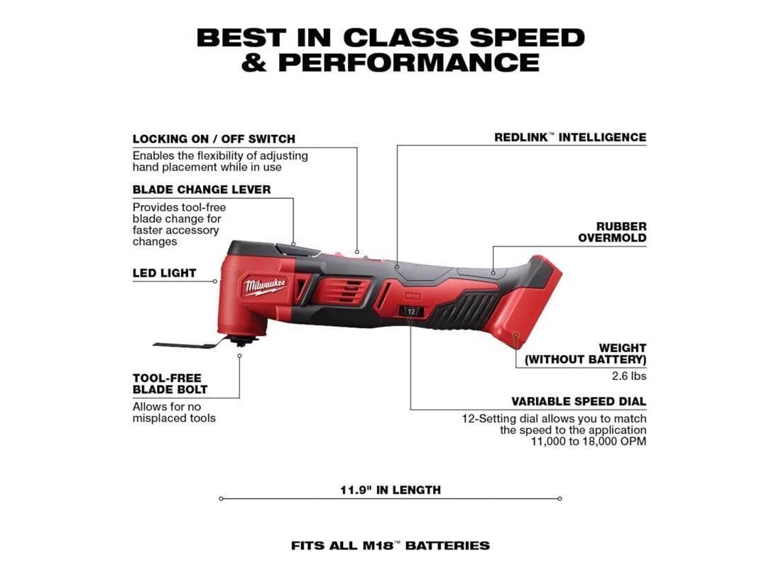 Milwaukee 2626-20 M18 - Multiherramienta orbital inalámbrica de iones de litio de 18.000 OPM con cuchillas de corte de madera y almohadilla de lijado con hojas incluidas (batería no incluida, solo