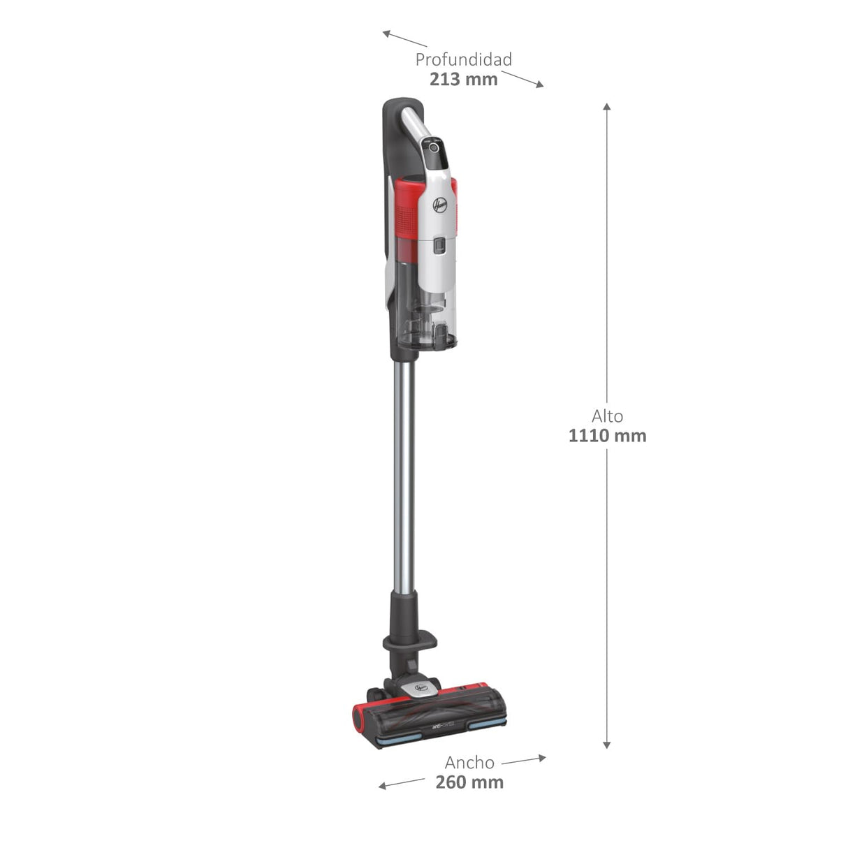 Hoover HF9 Home HF910H, Aspiradora Escoba sin Cable, sin Bolsa, 3 en 1, Escoba, de Mano y Vertical, Cepillo Antienredos, Autonomía 30 min, Color Gris/Rojo