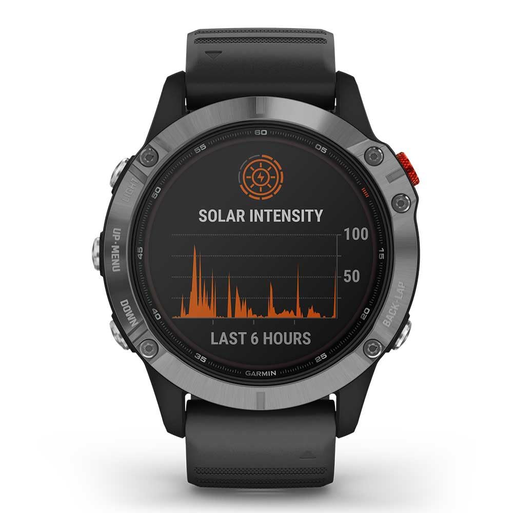 Garmin fēnix 6 Solar - Reloj multideporte avanzado con GPS y carga solar, Plateado con correa negra, Grande