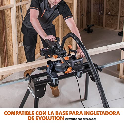 Evolution Sierra ingletadora deslizante de 185 mm (R185SMS+) de Evolution con corte multimaterial; bisel de 45°, inglete de 50°; guía láser. Incluye hoja multiusos