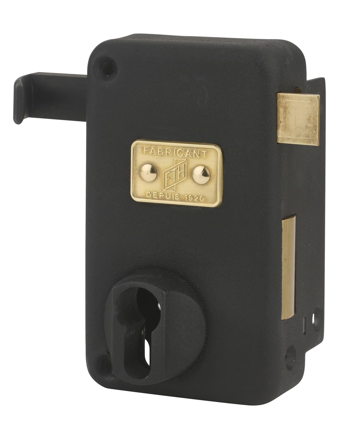 FTH – Carcasa de bloqueo vertical aplica FTH AH45, agujero de cilindro, tiro, apertura derecha, maletero 75 x 130 mm, eje 45 mm, maletero y tiro negro mate, pernas de latón
