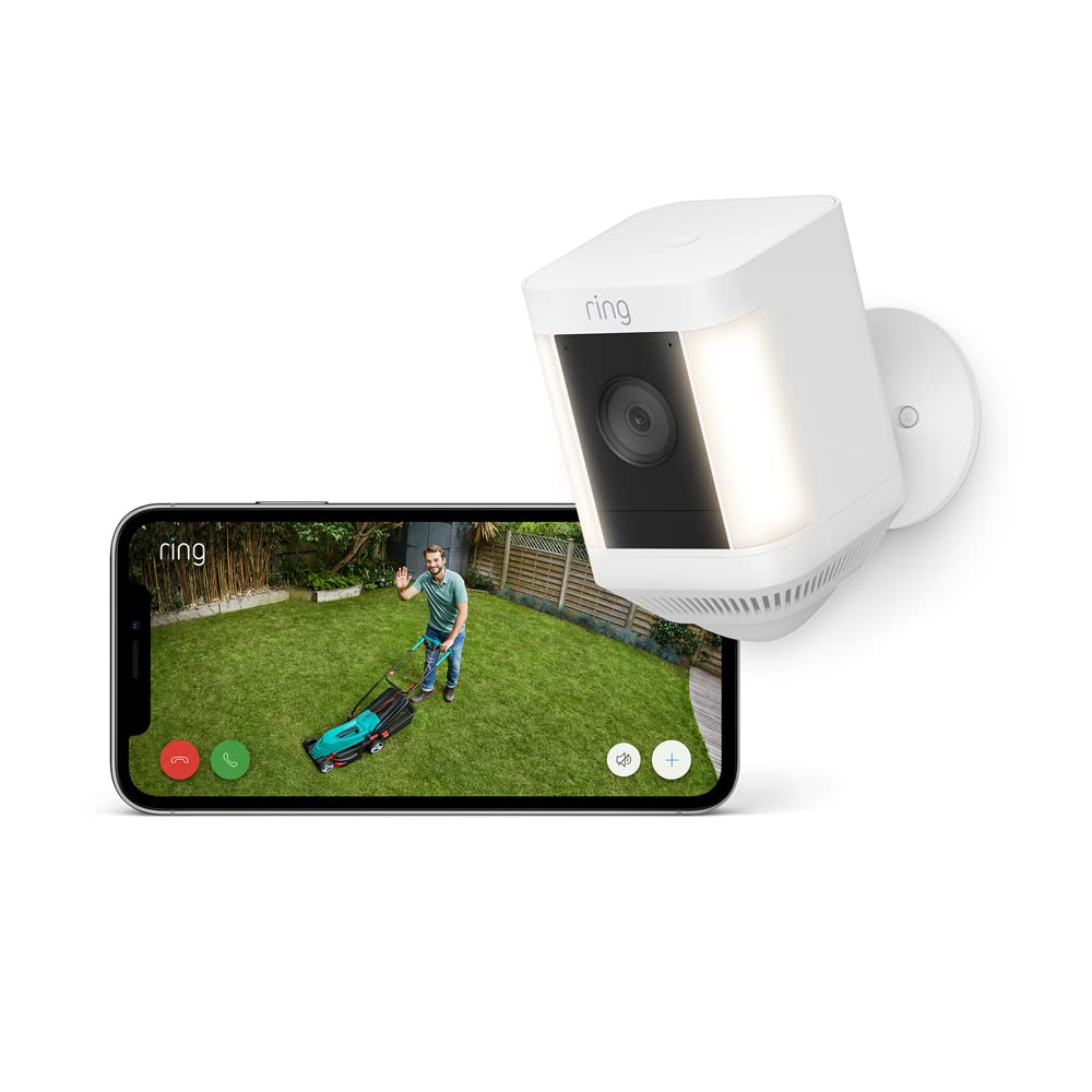 Ring cámara Plus con luces y batería (Spotlight Cam Plus) | Cámara de vigilancia exterior wifi con vídeo HD 1080p, comunicación bidireccional, visión nocturna y focos LED | 30 días gratis de Ring Home