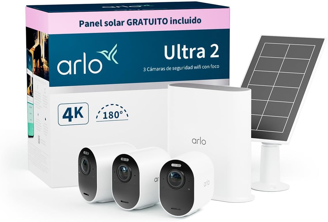 Arlo Ultra 2 Camara de Vigilancia WiFi Exterior 4K + Panel Solar, Camara de Vigilancia WiFi Interior, Sensor de Movimiento, Visión Nocturna Color, Prueba Arlo Secure Incluida, 3 Cámaras, Blancas