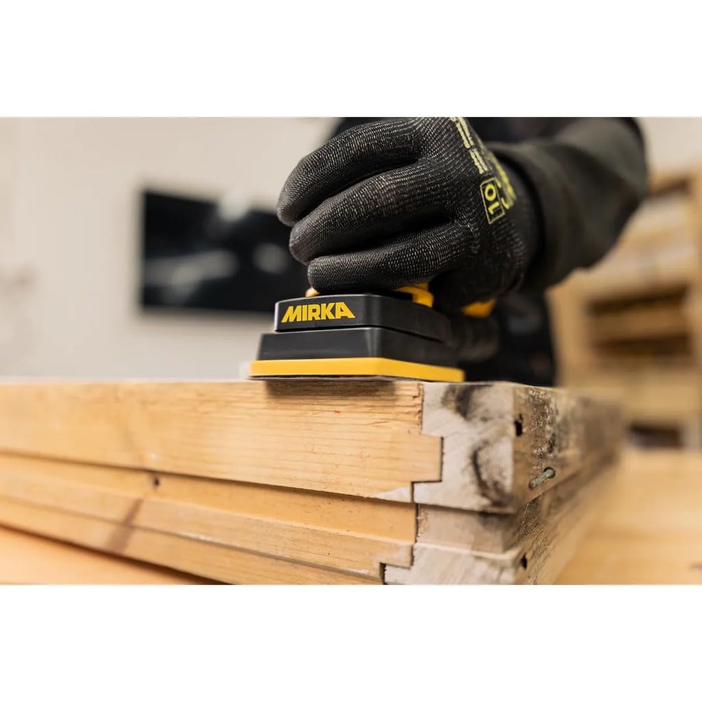 Mirka® DEOS II 343 75x100mm Hub 3.0. La Mirka DEOS es una lijadora orbital eléctrica, perfecta para trabajos de madera y pintura, especialmente para puertas, ventanas, esquinas y lugares de difícil