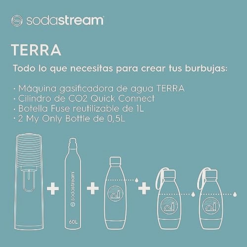 SodaStream Terra Pack - Máquina Gasificadora de Agua Color Negro, Incluye 1 Botella Fuse de 1L 2 Botellas Fuse de 0,5L y 1 Cilindro de Gas Color Rosa, Para Preparar Hasta 60L de Agua con Gas