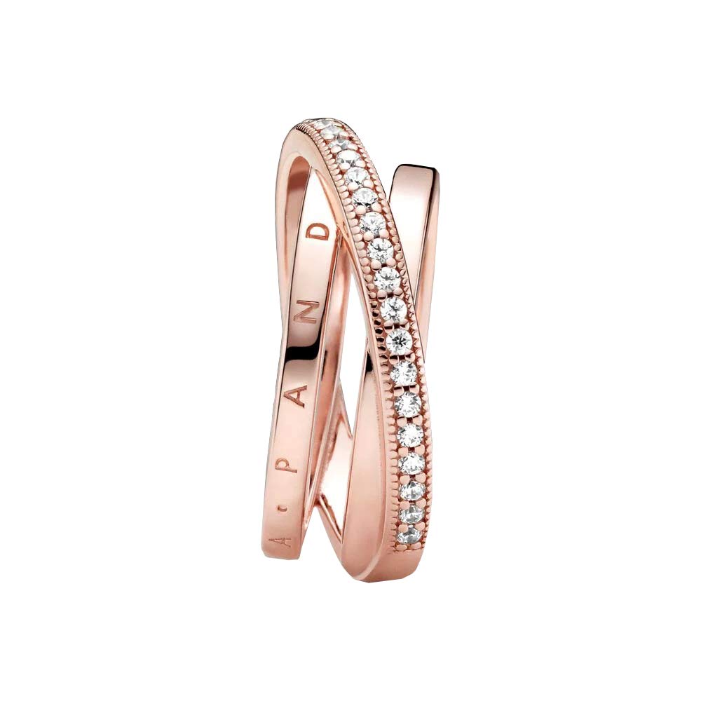 PANDORA Signature Anillo con triple banda cruzada con engaste pavé chapado en oro rosa de 14 quilates con circonitas cúbicas transparentes, talla 52