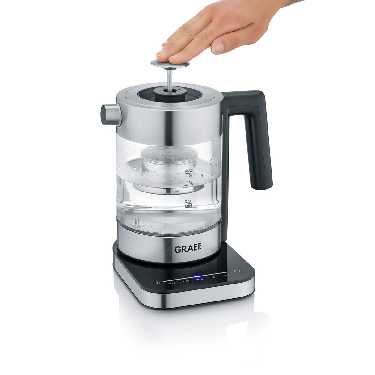 Hervidor de agua de cristal GRAEF WK350, 1 litro, diseño de alta calidad, cristal Schott Duran, acero inoxidable, ajuste de temperatura, colador de té, iluminación LED, base de 360°, función de