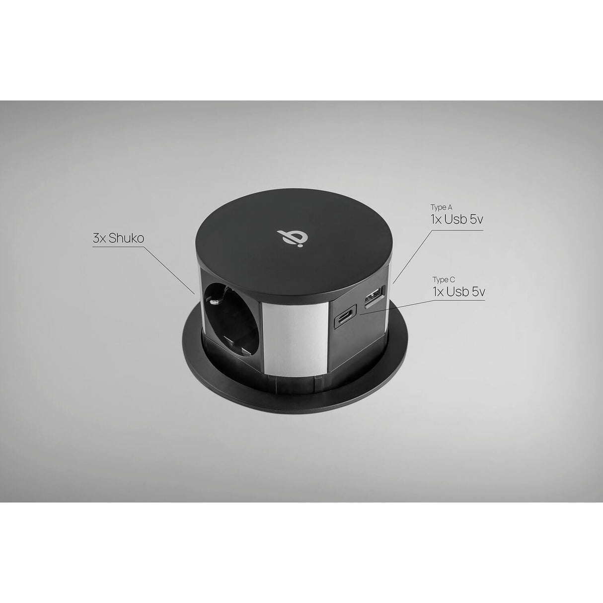 Ekotech Enchufe retráctil ET115 – Torre con función de carga QI USB-C & A y 3 enchufes Schuko 230 V, aluminio negro