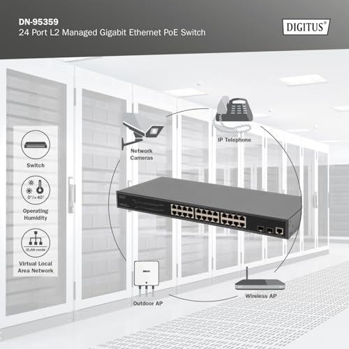 DIGITUS Conmutador de Red PoE Gigabit Gestionado de 27 Puertos - 24 Puertos RJ45 - 2 Puertos SFP - 1 Puerto de Consola - 450W PoE Presupuesto - Características L2 - 19 Pulgadas