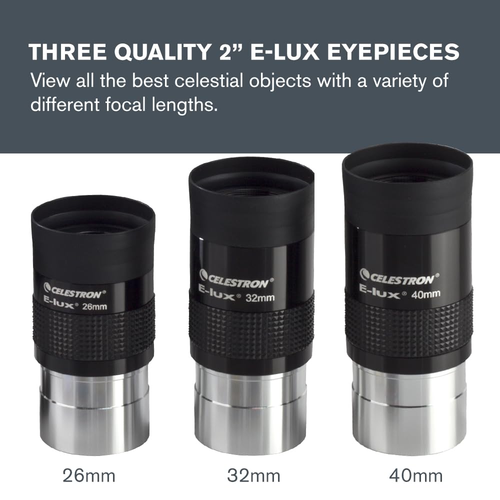 Celestron 94305: ocular 2 pulgadas y kit de filtros, 12 uds. - Espejo diagonal 2", adaptador diagonal, 3 oculares E-lux 2", 2 lentes de Barlow, filtros de 5 colores, funda rígida de aluminio, plateado